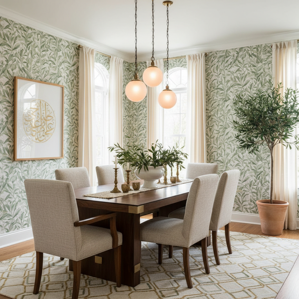 غرفة طعام أنيقة مع ورق جدران نباتي