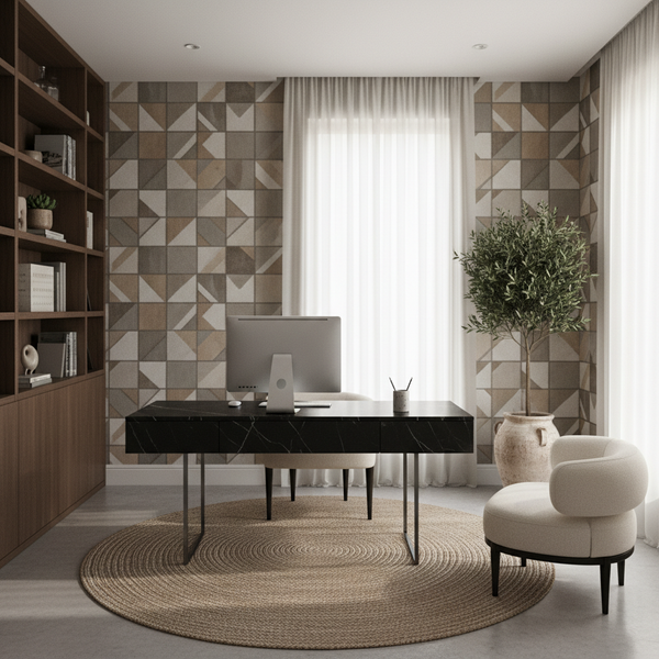 مكتب منزلي عصري مع ورق جدران محايد