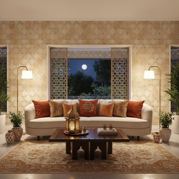 غرفة معيشة عصرية مع ورق جدران أنيق